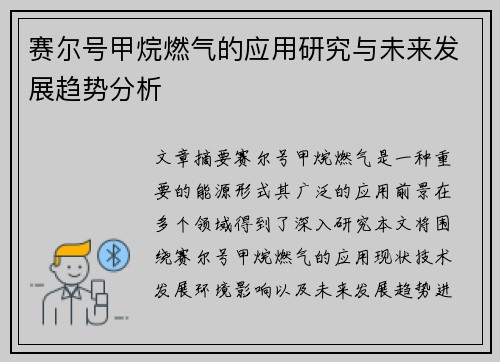 赛尔号甲烷燃气的应用研究与未来发展趋势分析